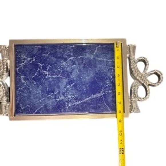 Vtg Lamosa Mexican Serving‎ Tray Blue Marble Pewter Ornate Handles Handmade - Picture 12 of 12